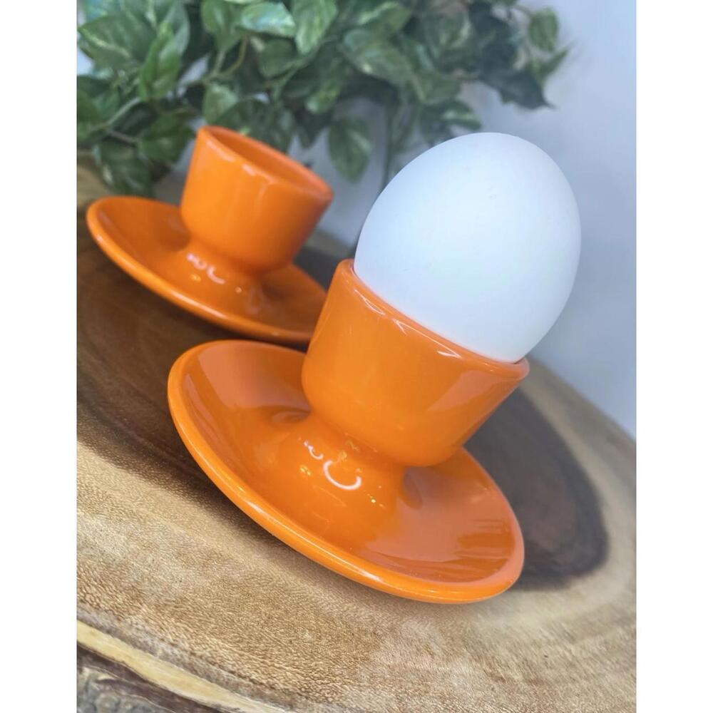 2 Vintage MCM Emsa Rainbow Egg Cups 1970 West Germany Orange Melamine Saucer